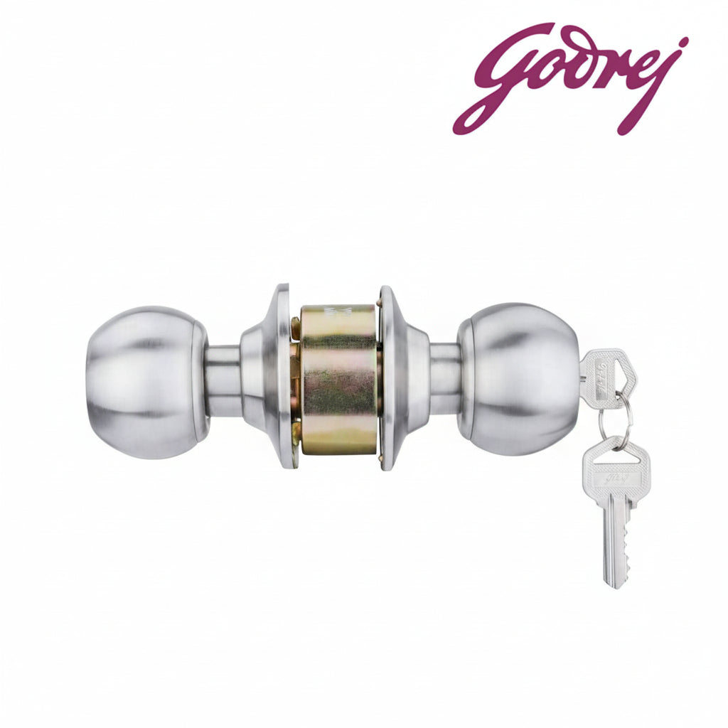 Godrej cylindrical door lock featuring a brushed satin stainless steel finish, spherical knobs, and a high-security key-entry mechanism with two keys included for main entrance and bedroom doors.