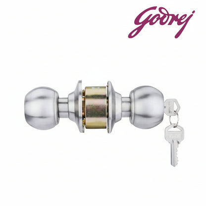Godrej cylindrical door lock featuring a brushed satin stainless steel finish, spherical knobs, and a high-security key-entry mechanism with two keys included for main entrance and bedroom doors.