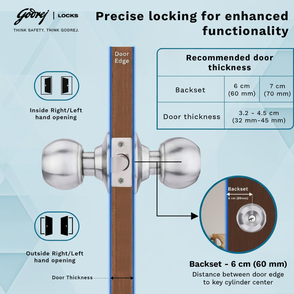 Godrej cylindrical lock installation infographic detailing a 60mm (6cm) to 70mm (7cm) adjustable backset and a recommended door thickness of 32mm to 45mm, featuring diagrams for right and left-hand door openings.
