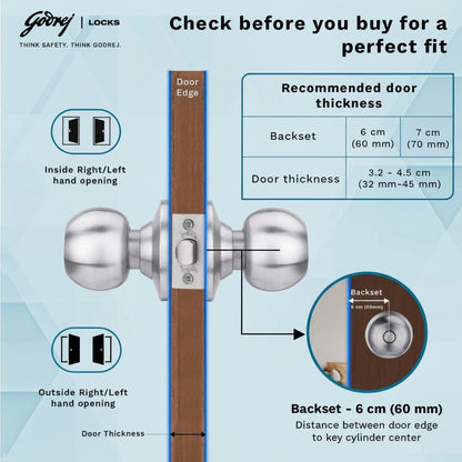 Godrej cylindrical privacy lock installation infographic showing a 60mm to 70mm adjustable backset and recommended door thickness of 32mm to 45mm, with technical diagrams for universal right and left-hand door openings.