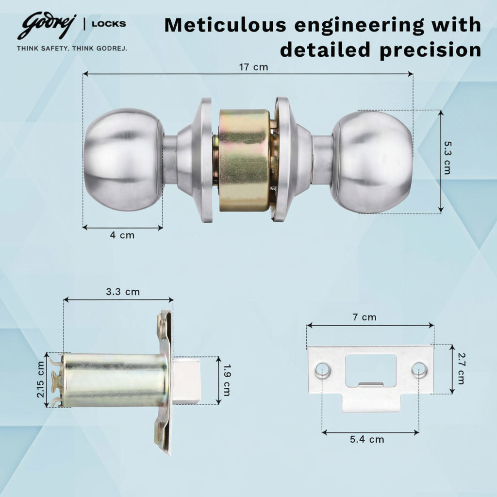 Godrej cylindrical privacy lock technical diagram showing meticulous engineering dimensions: 17 cm total width, 5.3 cm spherical knob diameter, 3.3 cm latch length, and 7 cm strike plate width for precise bedroom and bathroom door installation.