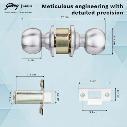 Godrej cylindrical privacy lock technical diagram showing meticulous engineering dimensions: 17 cm total width, 5.3 cm spherical knob diameter, 3.3 cm latch length, and 7 cm strike plate width for precise bedroom and bathroom door installation.