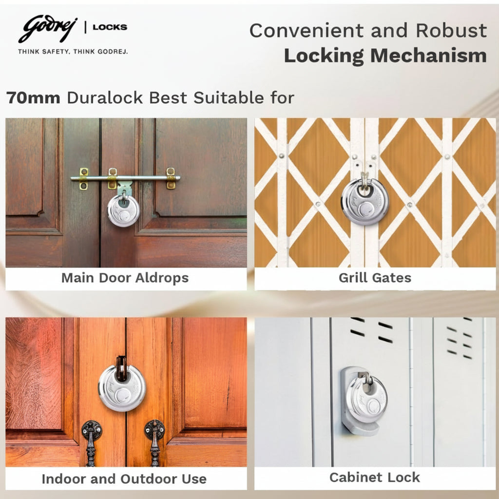 Godrej Duralock 70mm padlock application infographic showing four usage scenarios: a wooden main door aldrop, a collapsible grill gate, a heavy-duty indoor/outdoor wooden entrance, and a secure metal storage cabinet.