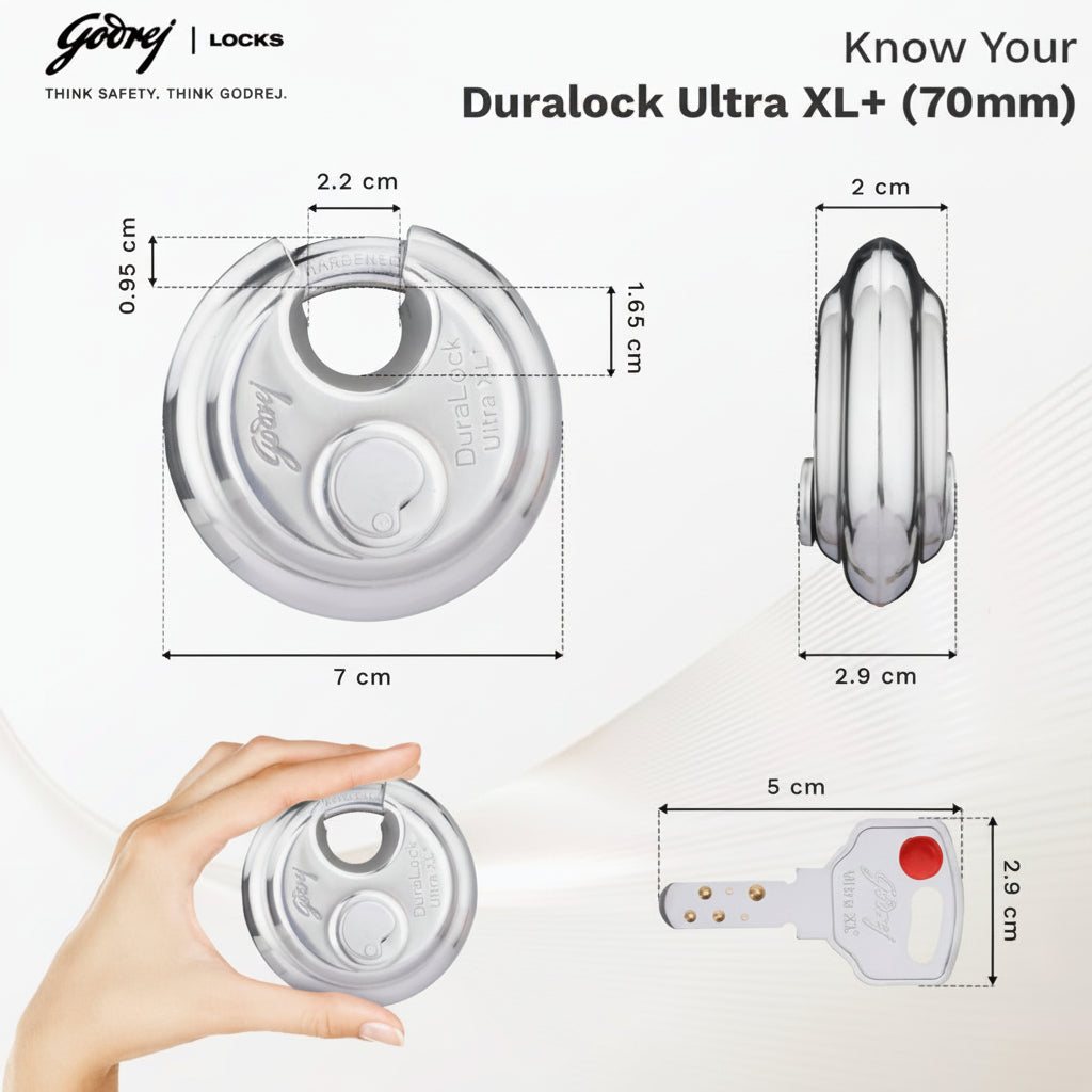 Technical dimension diagram for the Godrej Duralock Ultra XL+ 70mm padlock showing a 7 cm body diameter, 2.9 cm thickness, 2.2 cm shackle width, and a 5 cm Ultra XL+ high-security dimple key with a 2.9 cm head.