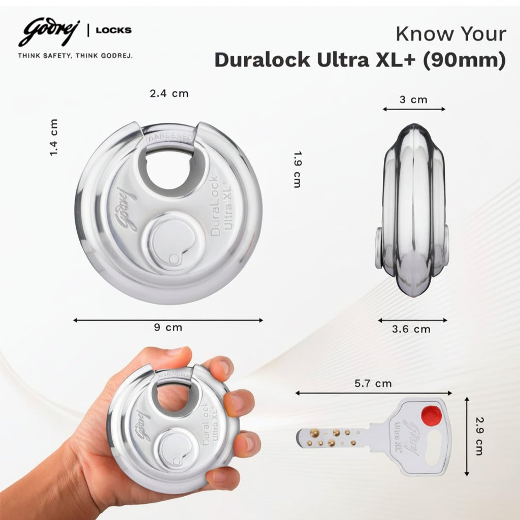 Technical dimension chart for the Godrej Duralock Ultra XL+ 90mm disc padlock, detailing a 9 cm body diameter, 3.6 cm thickness, 2.4 cm shackle width, and a 5.7 cm long high-security Ultra XL+ dimple key.