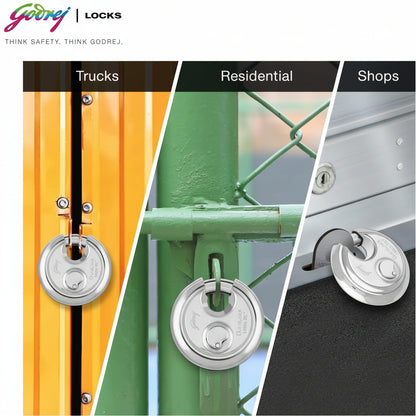 Godrej Duralock Ultra XL+ high-security disc padlock shown in three application scenarios: securing a yellow transport truck container, a residential chain-link perimeter gate, and a commercial shop rolling shutter.