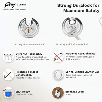 Godrej Duralock Ultra XL+ technical features infographic highlighting a 3-ton breakage load, hardened steel shackle against hacksaws, rivetless construction against crowbars, and a spring-loaded shutter cap to protect the Ultra XL+ pick-resistant keyed mechanism.