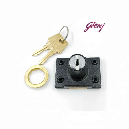 Godrej multi-purpose drawer and cupboard lock in a textured black finish, featuring a 20mm cylinder, two precision-cut brass keys, and a matching brass trim ring for secure home and office furniture installation.