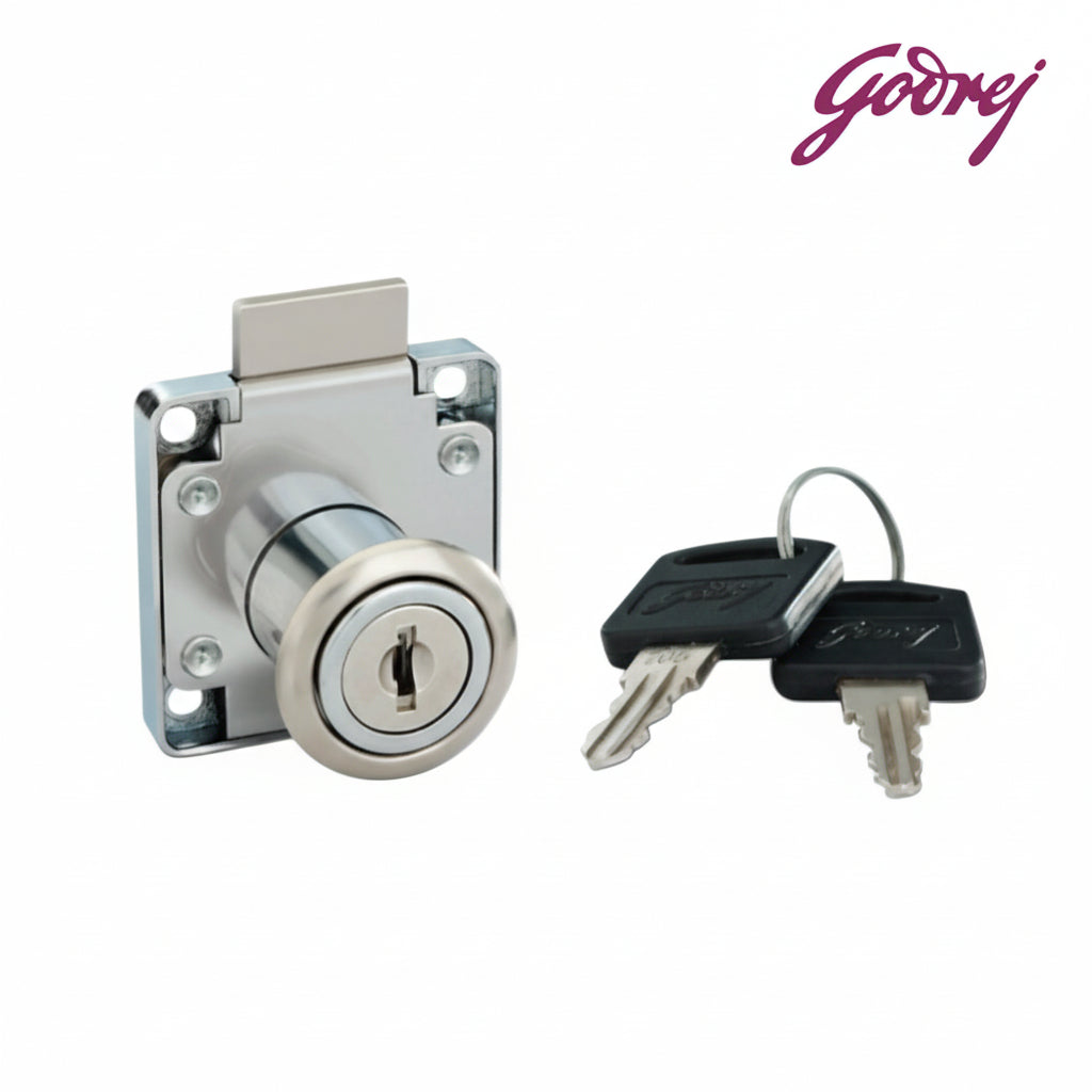 Godrej multi-purpose furniture lock for drawers and cupboards featuring a 20mm cylinder length, a durable satin nickel finish, and two ergonomic black-headed keys for secure office and home storage.