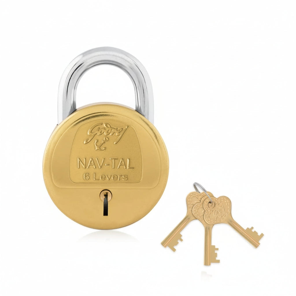 Godrej NAV-TAL 6-lever brass padlock featuring a classic gold-tone finish, a chrome-plated hardened steel shackle, and three matching brass keys for traditional high-security home and office use.