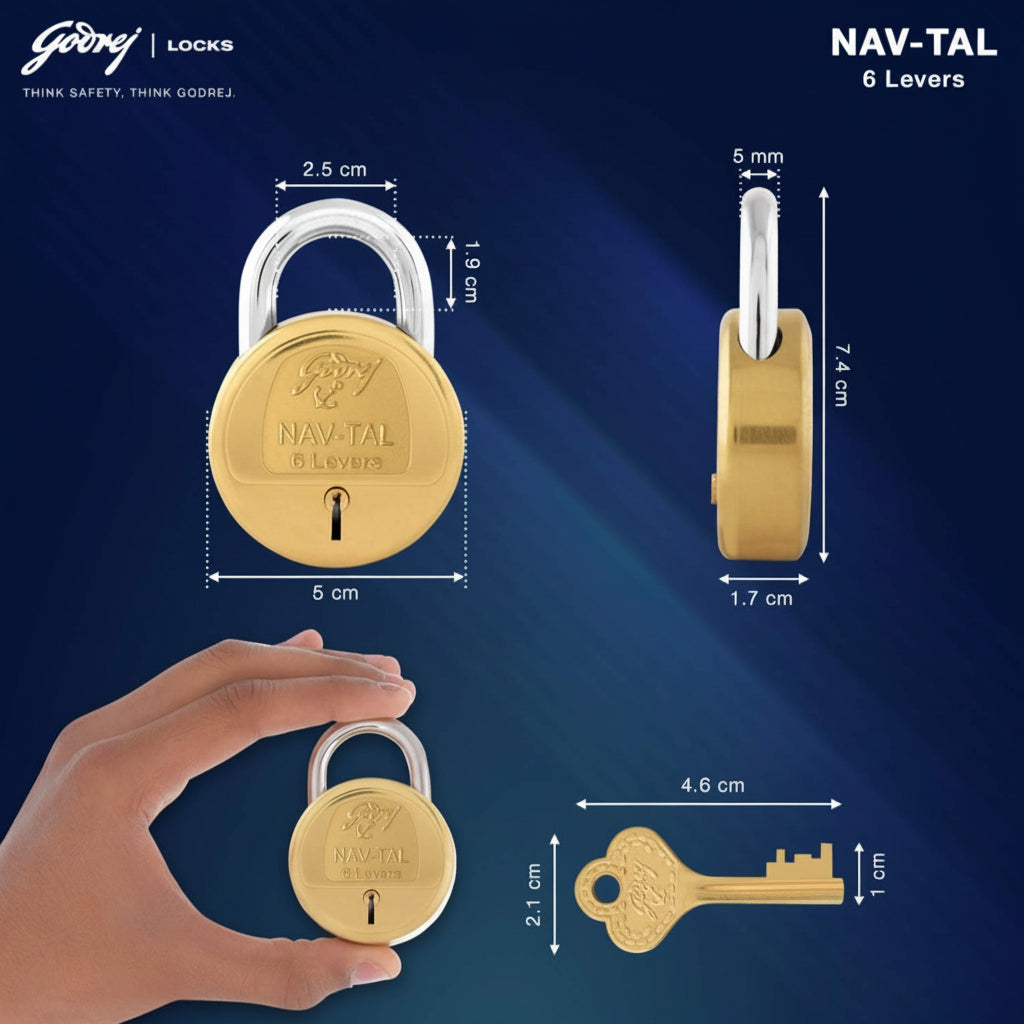 Technical dimension diagram for the Godrej NAV-TAL 6-lever padlock showing a 5 cm body width, 7.4 cm total height, 5 mm shackle diameter, and a 4.6 cm long brass key with a 2.1 cm head.