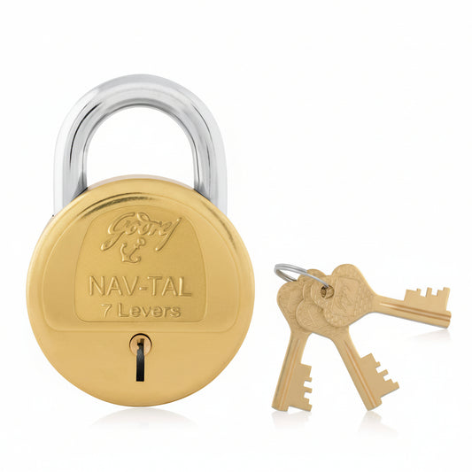 Godrej NAV-TAL 7-lever brass padlock featuring a classic gold-tone finish, a chrome-plated hardened steel shackle, and three matching brass keys for traditional high-security residential and commercial use.