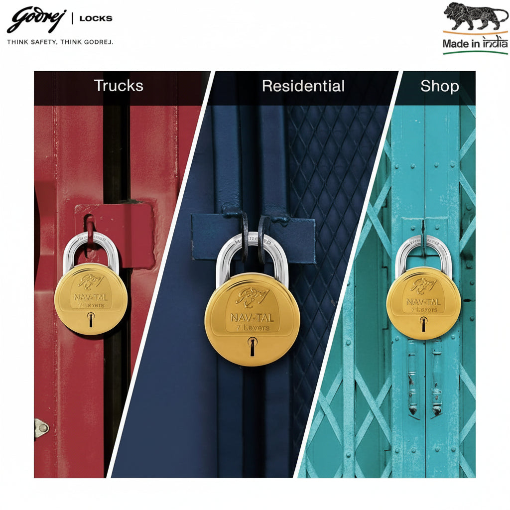 Godrej NAV-TAL 7-lever brass padlock application infographic featuring the 'Made in India' logo, showing the lock securing a red transport truck, a blue residential gate aldrop, and a teal commercial rolling shutter.