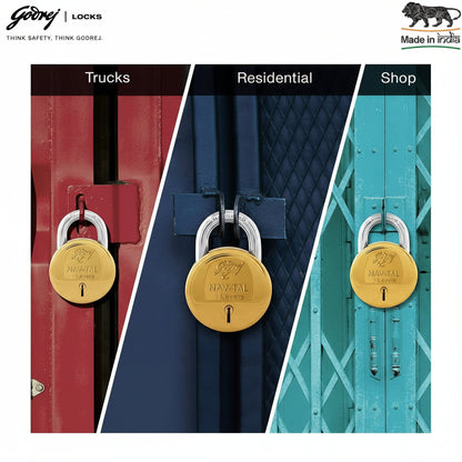 Godrej NAV-TAL 7-lever brass padlock application infographic featuring the 'Made in India' logo, showing the lock securing a red transport truck, a blue residential gate aldrop, and a teal commercial rolling shutter.