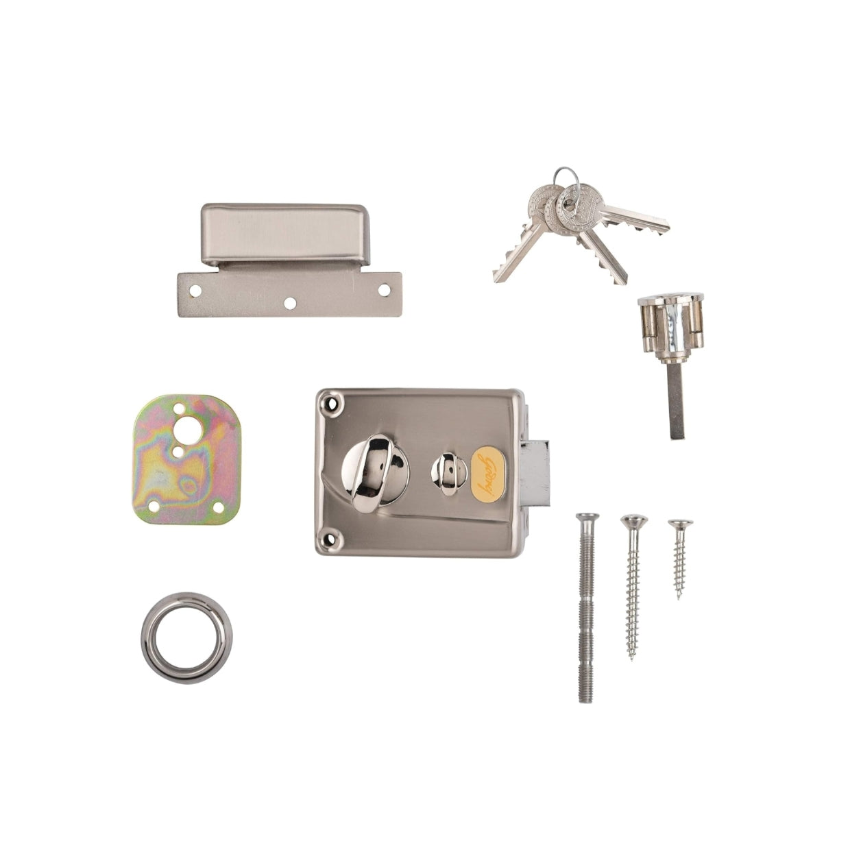 Godrej Premium Night Latch full installation kit featuring a satin silver rim lock body, matching striker plate, external key cylinder, three brass keys, mounting plate, decorative rose, and high-tensile installation screws.