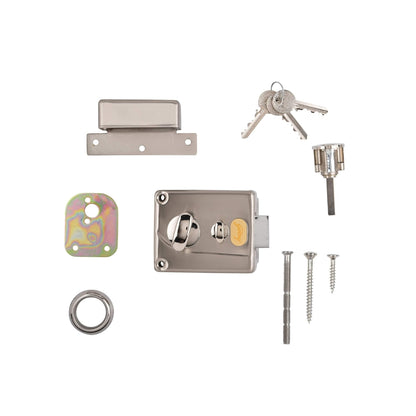 Godrej Premium Night Latch full installation kit featuring a satin silver rim lock body, matching striker plate, external key cylinder, three brass keys, mounting plate, decorative rose, and high-tensile installation screws.