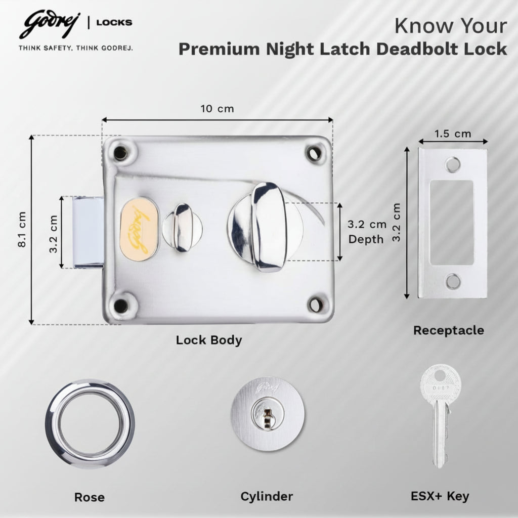 Technical dimension diagram for the Godrej Premium Night Latch Deadbolt showing a 10 cm lock body width, 8.1 cm height, 3.2 cm deadbolt width, and a 3.2 cm receptacle height with an ESX+ security key and cylinder.