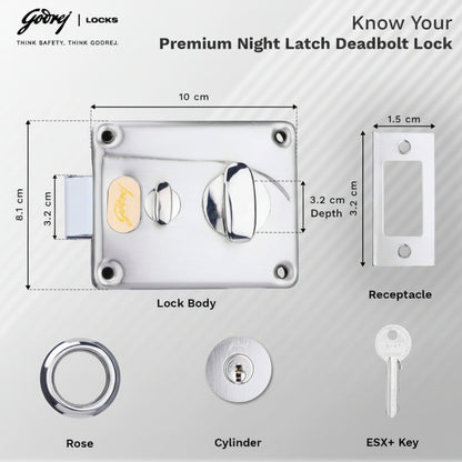 Technical dimension diagram for the Godrej Premium Night Latch Deadbolt showing a 10 cm lock body width, 8.1 cm height, 3.2 cm deadbolt width, and a 3.2 cm receptacle height with an ESX+ security key and cylinder.