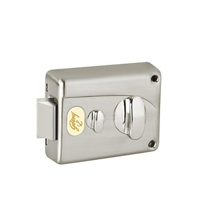 Godrej Premium Night Latch in a high-quality satin silver finish, featuring an automatic vertical locking bolt, a large ergonomic internal safety knob, and a secondary privacy catch for enhanced main door security.
