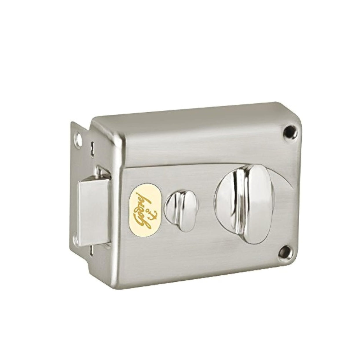 Godrej Premium Night Latch featuring a sleek satin silver finish, a robust vertical bolt for automatic locking, an integrated safety knob, and a high-security internal privacy catch for residential main door protection.