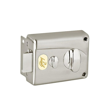Godrej Premium Night Latch featuring a sleek satin silver finish, a robust vertical bolt for automatic locking, an integrated safety knob, and a high-security internal privacy catch for residential main door protection.