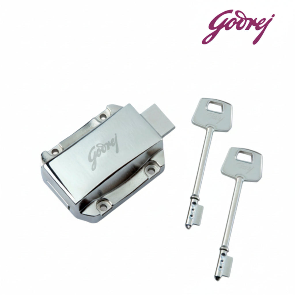Godrej Supernova cupboard and wardrobe lock in a polished satin silver finish, featuring a robust rivetless body and two high-security dimple keys for advanced furniture protection.