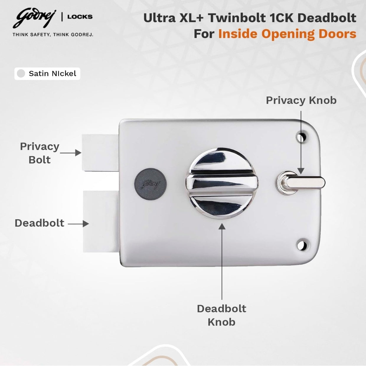 Godrej Ultra XL+ Twinbolt 1CK Deadbolt in a Satin Nickel finish featuring a dual-locking system with a high-security deadbolt and a dedicated privacy bolt, including an integrated deadbolt knob and privacy knob for inside-opening doors.