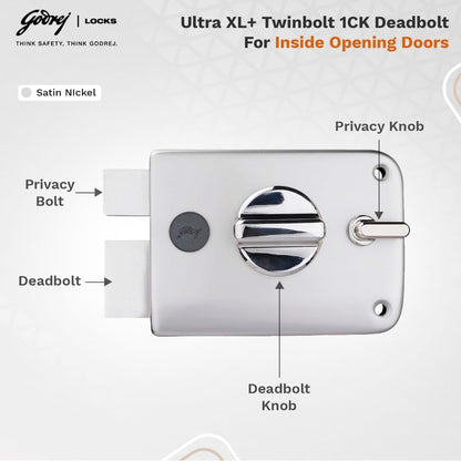 Godrej Ultra XL+ Twinbolt 1CK Deadbolt in a Satin Nickel finish featuring a dual-locking system with a high-security deadbolt and a dedicated privacy bolt, including an integrated deadbolt knob and privacy knob for inside-opening doors.