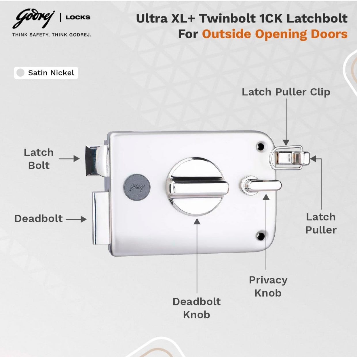 Godrej Ultra XL+ Twinbolt 1CK Latchbolt in Satin Nickel finish, designed for outside-opening doors featuring a primary deadbolt, a spring-loaded latch bolt, an integrated latch puller with clip, and a manual privacy knob.