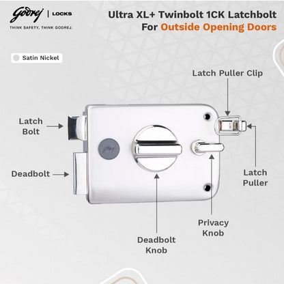 Godrej Ultra XL+ Twinbolt 1CK Latchbolt in Satin Nickel finish, designed for outside-opening doors featuring a primary deadbolt, a spring-loaded latch bolt, an integrated latch puller with clip, and a manual privacy knob.
