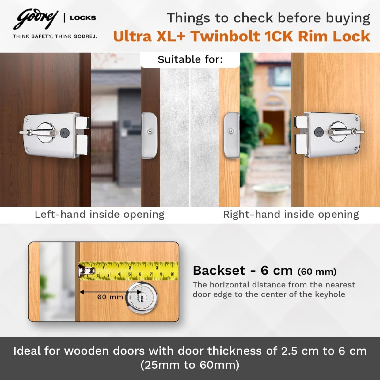 Godrej Ultra XL+ Twinbolt 1CK Rim Lock installation guide showing suitability for left-hand and right-hand inside opening doors, requiring a 6 cm (60 mm) backset and ideal for wooden doors with a thickness of 2.5 cm to 6 cm.