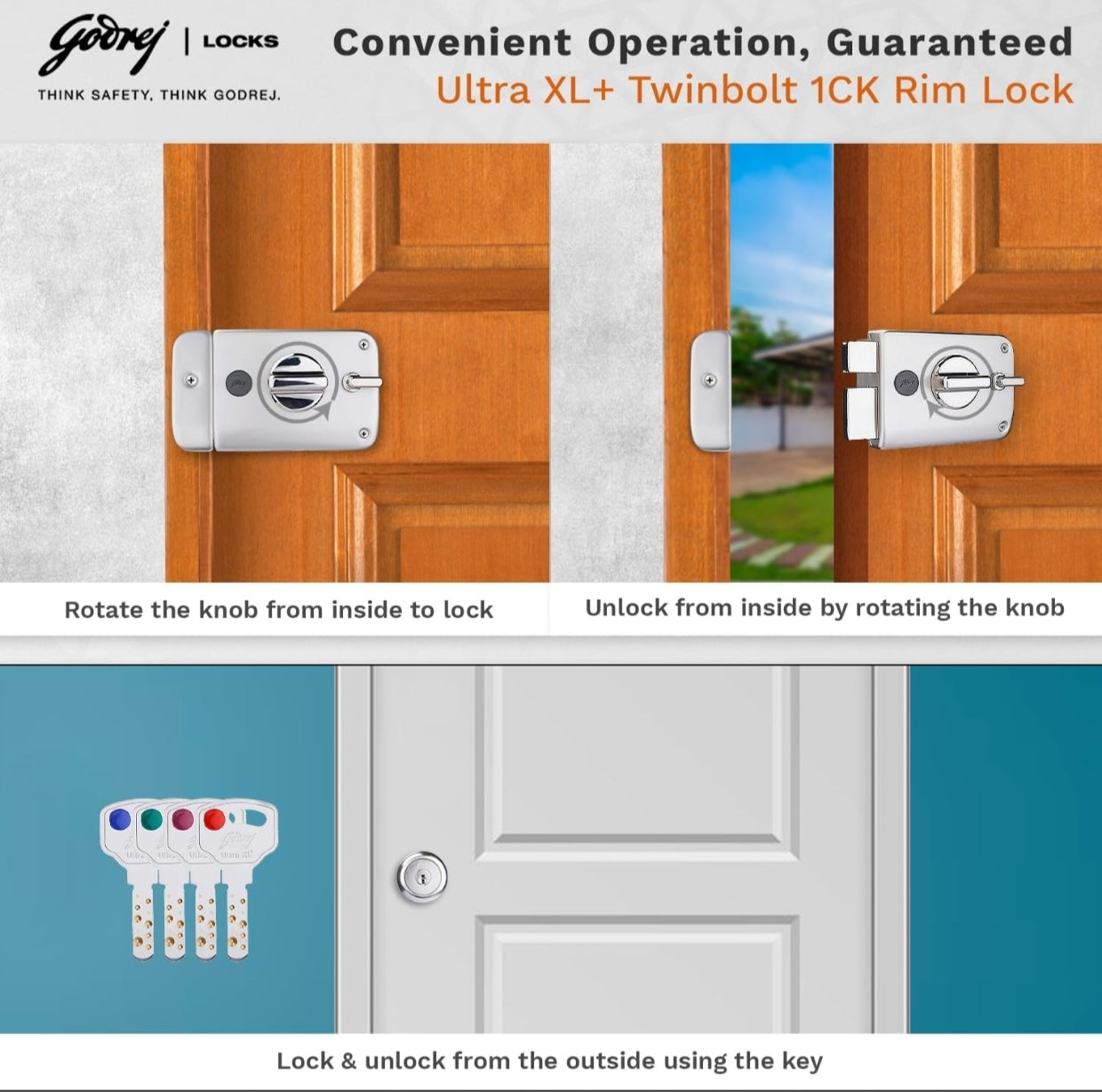Godrej Ultra XL+ Twinbolt 1CK Rim Lock operation infographic showing how to rotate the internal knob to lock and unlock from the inside, and using high-security Ultra XL+ dimple keys with color-coded tags for external access on a white main door.