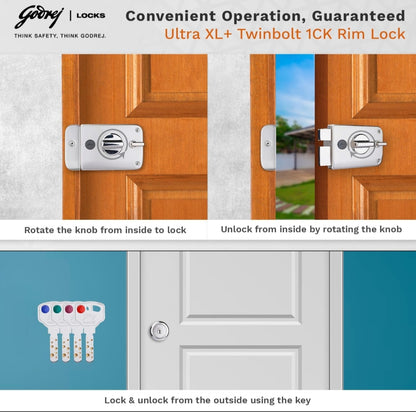 Godrej Ultra XL+ Twinbolt 1CK Rim Lock operation infographic showing how to rotate the internal knob to lock and unlock from the inside, and using high-security Ultra XL+ dimple keys with color-coded tags for external access on a white main door.