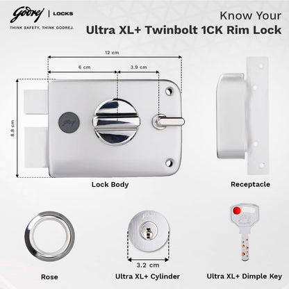 Technical dimension diagram for the Godrej Ultra XL+ Twinbolt 1CK Rim Lock showing a 12 cm body width, 8.8 cm height, 3.2 cm cylinder diameter, and components including the receptacle, rose, and Ultra XL+ high-security dimple key.