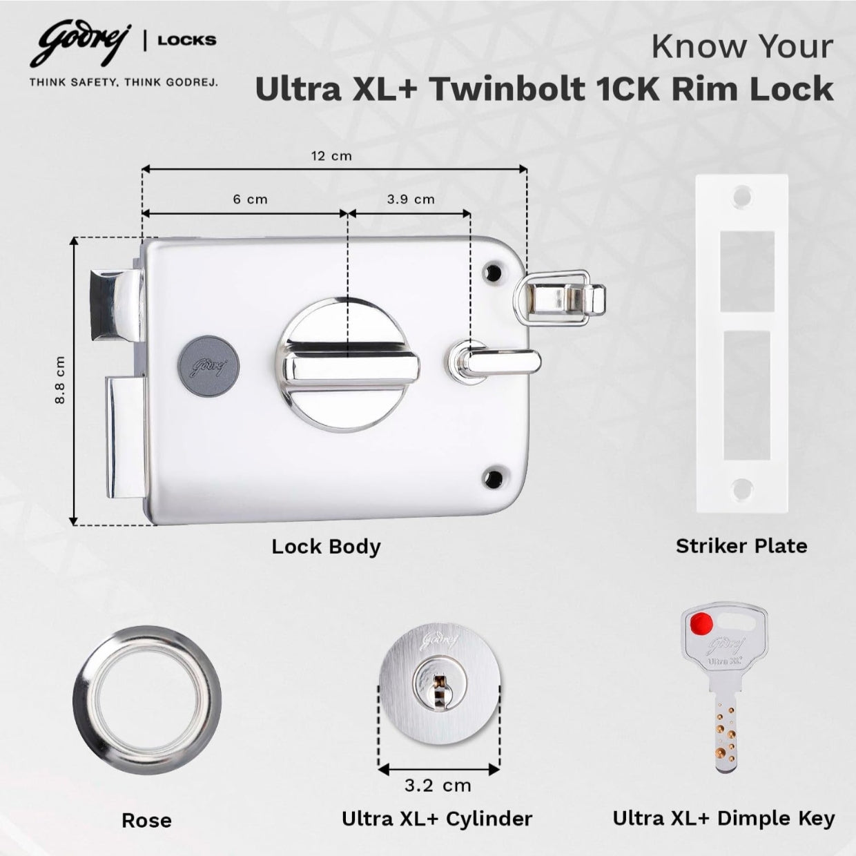 Technical dimension diagram for the Godrej Ultra XL+ Twinbolt 1CK Rim Lock featuring a 12 cm body width, 8.8 cm height, 3.2 cm cylinder diameter, and a heavy-duty striker plate, rose, and high-security Ultra XL+ dimple key.