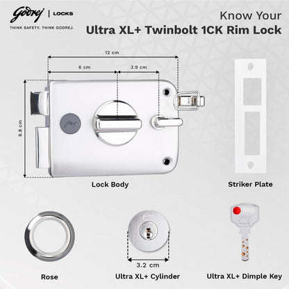 Technical dimension diagram for the Godrej Ultra XL+ Twinbolt 1CK Rim Lock featuring a 12 cm body width, 8.8 cm height, 3.2 cm cylinder diameter, and a heavy-duty striker plate, rose, and high-security Ultra XL+ dimple key.