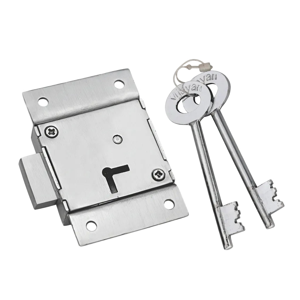 Godrej Universal cupboard lock in a satin silver finish, featuring a reversible both-side locking mechanism and two traditional long-neck brass keys for securing wardrobes, cabinets, and wooden storage units.