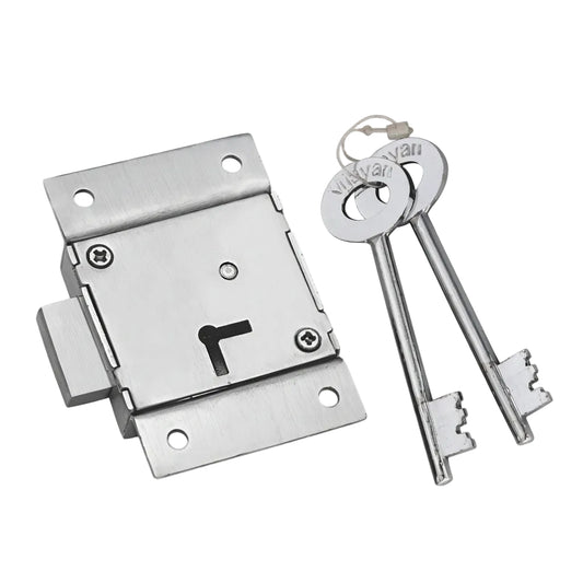 Godrej Universal cupboard lock in a satin silver finish, featuring a reversible both-side locking mechanism and two traditional long-neck brass keys for securing wardrobes, cabinets, and wooden storage units.