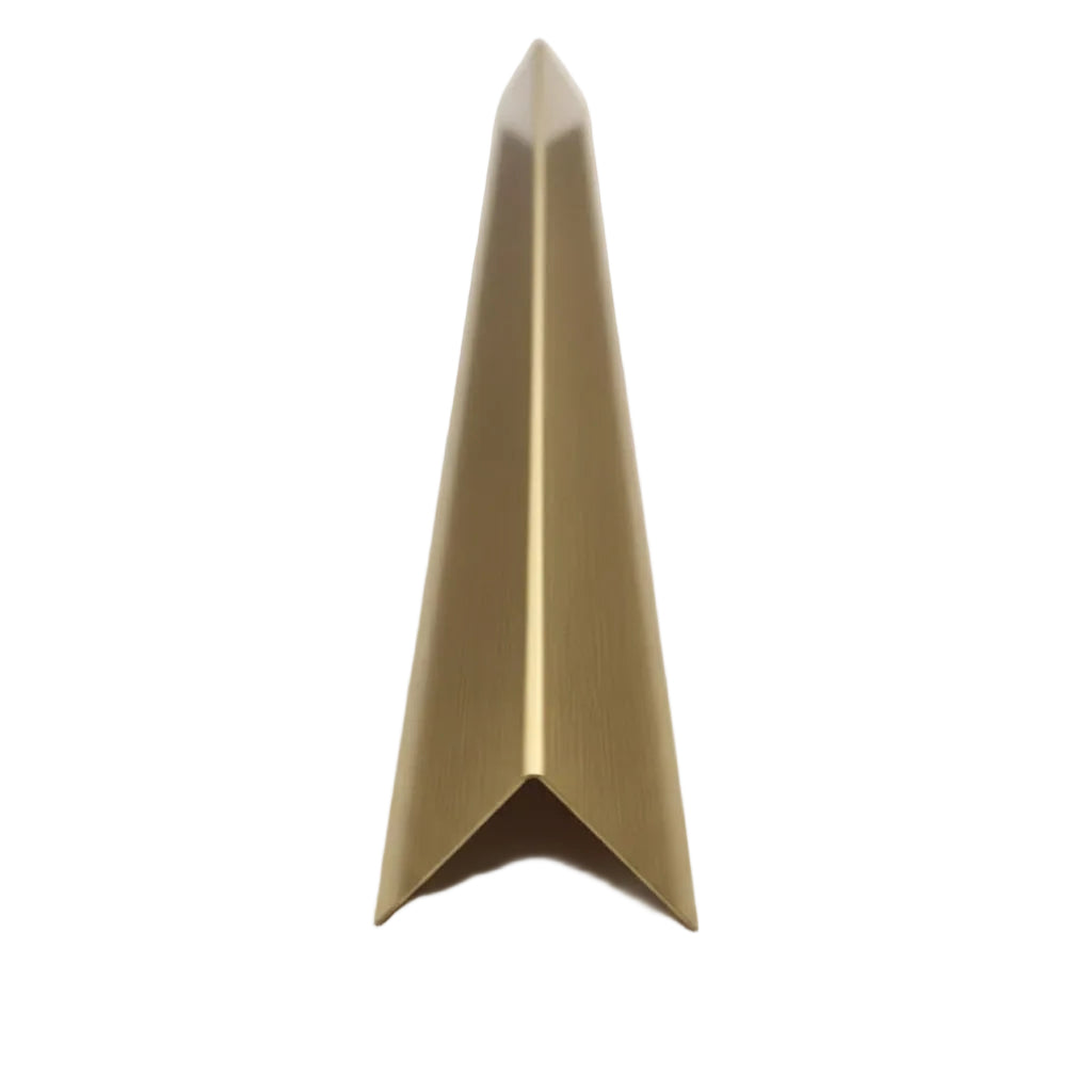 A high-end V-shaped metal edge trim featuring a premium gold finish. This architectural stainless steel profile is designed for corner protection and decorative bordering in luxury furniture, wall paneling, and interior design projects, showcasing a clean shadowless aesthetic.