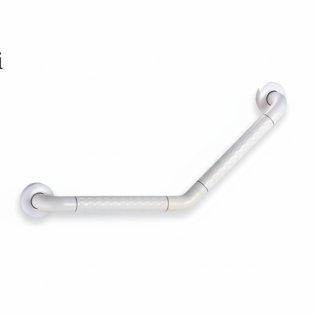 Grafiqe 135-degree angled bathroom grab bar in a white finish, featuring an ergonomic boomerang design with integrated anti-slip textured grip zones and two reinforced wall-mounting plates for secure shower and bathtub support.