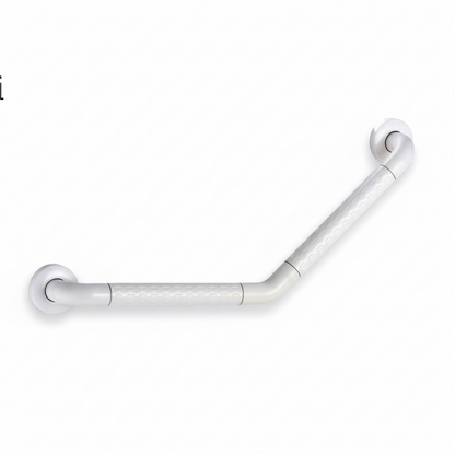 Grafiqe 135-degree angled bathroom grab bar in a white finish, featuring an ergonomic boomerang design with integrated anti-slip textured grip zones and two reinforced wall-mounting plates for secure shower and bathtub support.