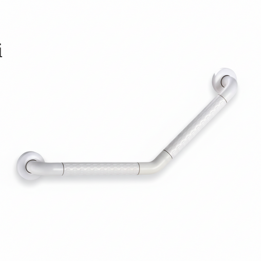 Grafiqe 135-degree angled bathroom grab bar in a white finish, featuring an ergonomic boomerang design with integrated anti-slip textured grip zones and two reinforced wall-mounting plates for secure shower and bathtub support.