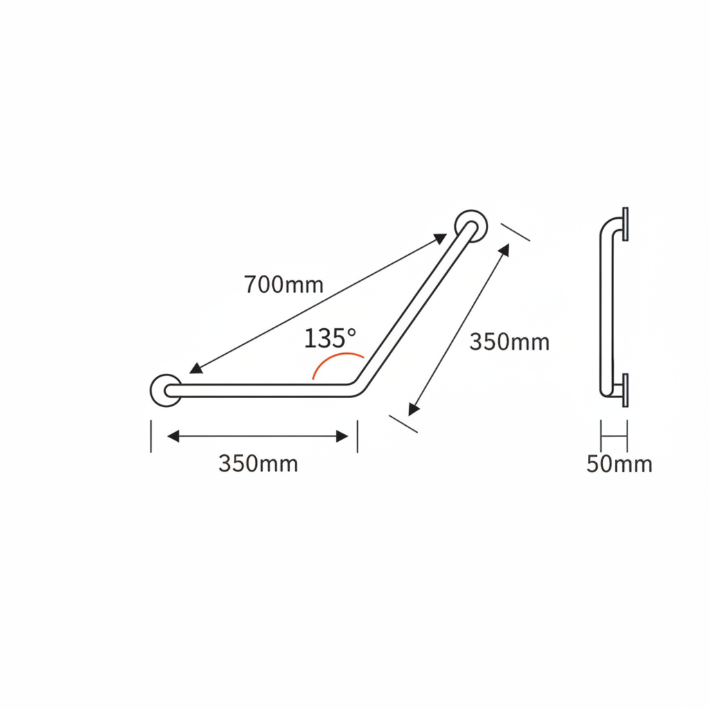 Technical dimension diagram for the Grafiqe 135-degree angled grab bar showing a total length of 700mm, two 350mm segments, and a 50mm wall clearance depth for professional bathroom installation.