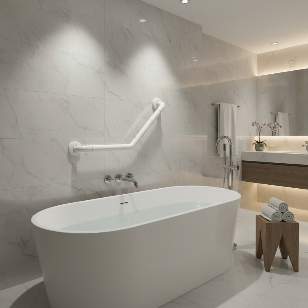 Lifestyle shot of a Grafiqe white 135-degree angled safety grab bar with anti-slip textured grip, installed on a white marble-tiled wall behind a modern freestanding white bathtub in a luxury bathroom setting with ambient lighting.