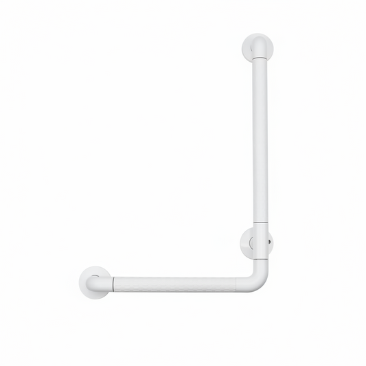 Grafiqe L-shaped bathroom grab bar in a white finish, featuring a 90-degree angled safety design with integrated anti-slip textured grip zones and three reinforced wall-mounting plates for secure shower and toilet support.
