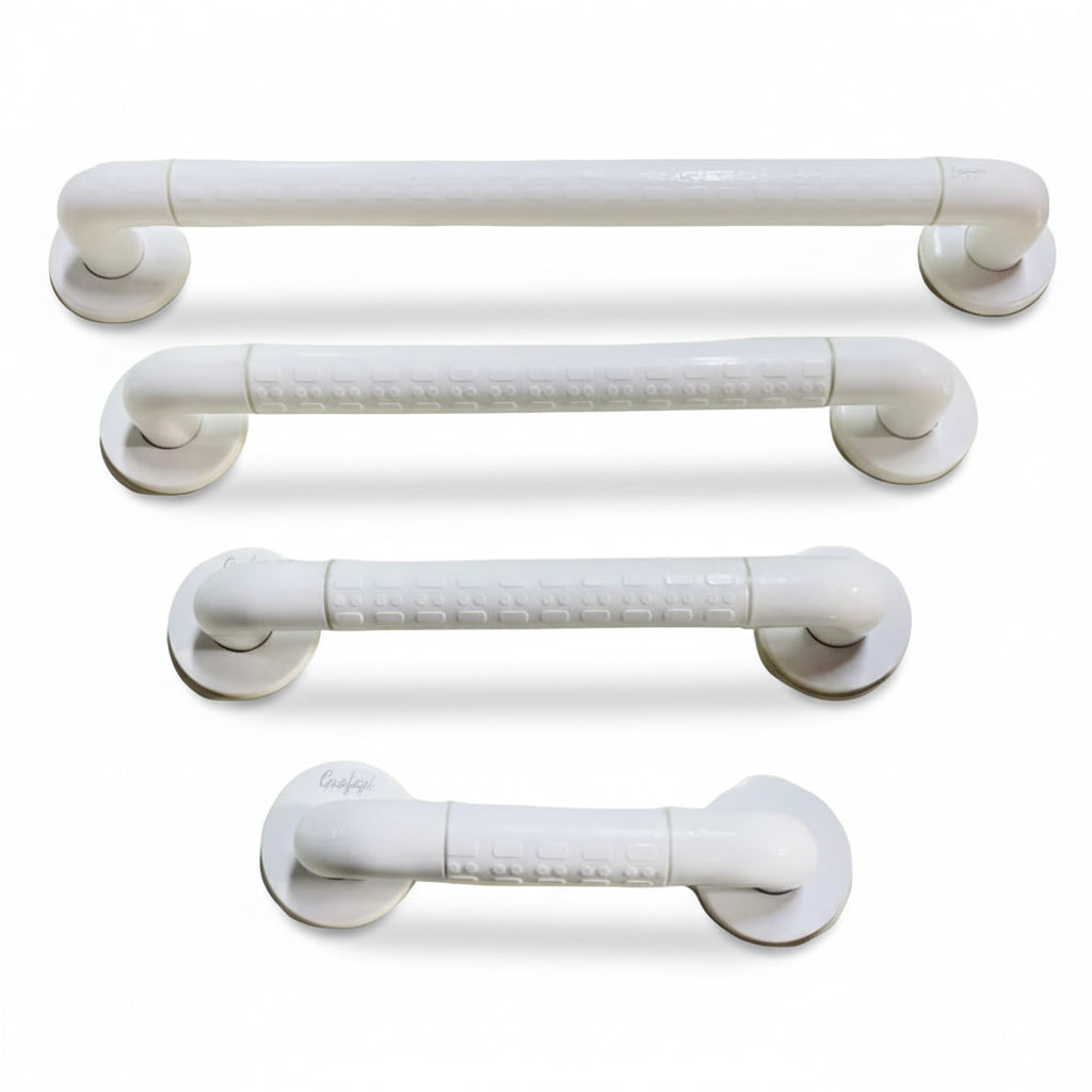 A collection of Grafiqe straight bathroom grab bars in four different lengths, all featuring a durable white finish, integrated anti-slip textured grips, and concealed-screw mounting plates for versatile bathroom safety.