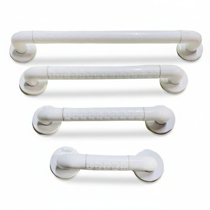 A collection of Grafiqe straight bathroom grab bars in four different lengths, all featuring a durable white finish, integrated anti-slip textured grips, and concealed-screw mounting plates for versatile bathroom safety.