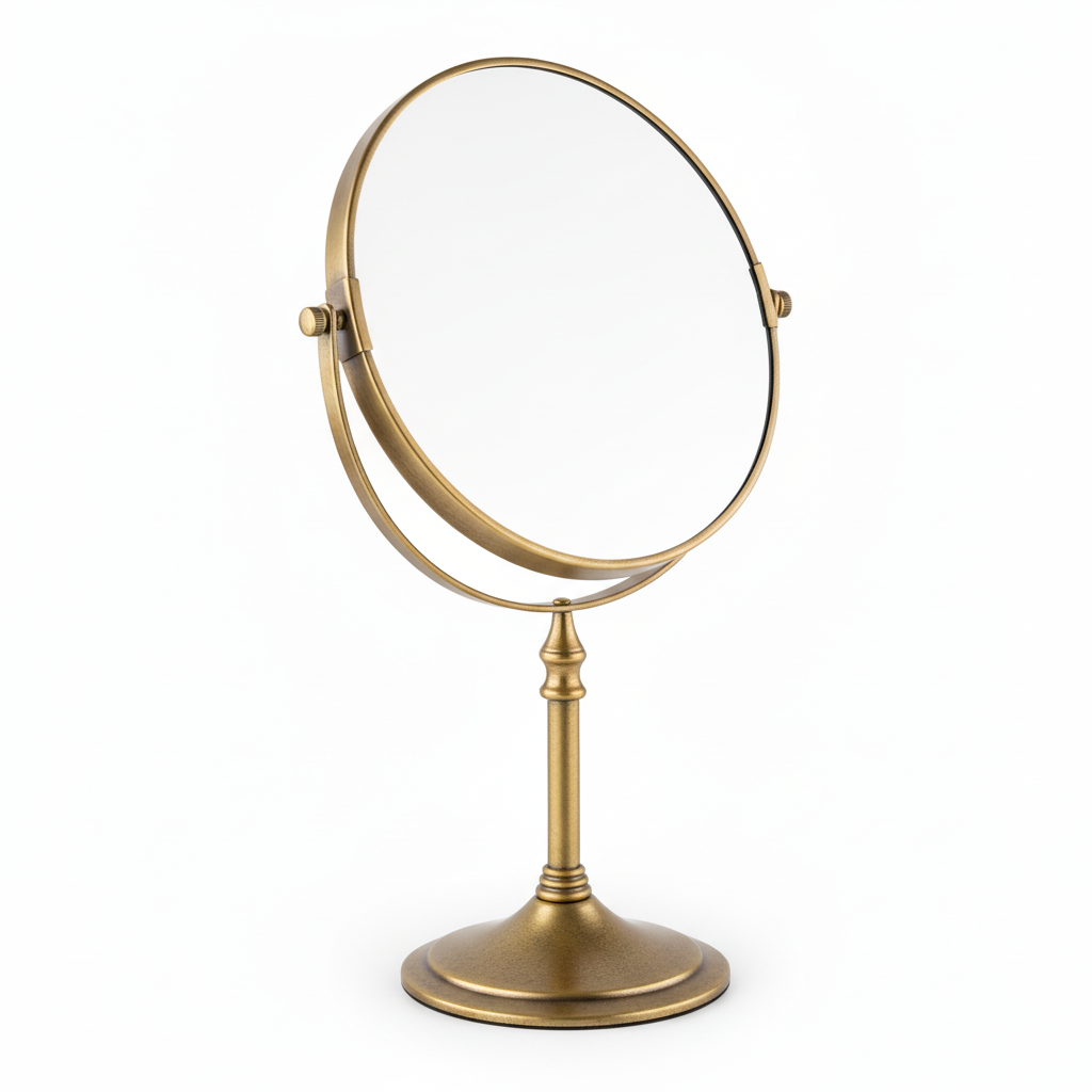 Grafiqe circular pedestal tabletop mirror in a premium antique brass finish, featuring a double-sided 360-degree swivel head for standard and magnified views on a slender stem and stable weighted base.