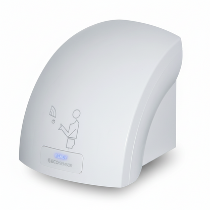 Grafiqe wall-mounted automatic hand dryer in a clean white finish, featuring an integrated Eco Sensor with a blue LED "Ready" indicator and touchless infrared operation for hygienic commercial washroom use.