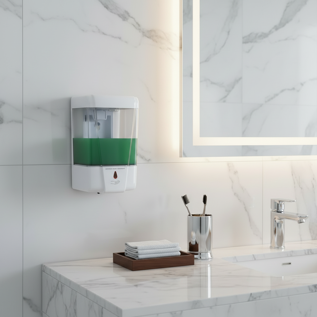 Lifestyle view of a white Grafiqe automatic soap dispenser mounted on a white marble wall next to a backlit vanity mirror, featuring a transparent reservoir and motion-activated sensor for touchless hand hygiene.